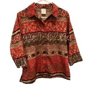 Allison Daley Womens Button Up Shirt Size 10P 10 Red Aztec Boho Southwest Office